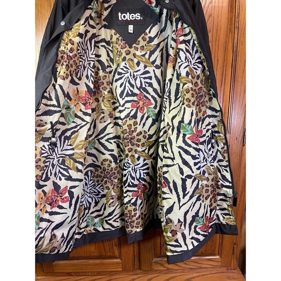 Totes Size L Black Floral Zebra Rain Coat Jacket Pockets - Picture 5 of 11